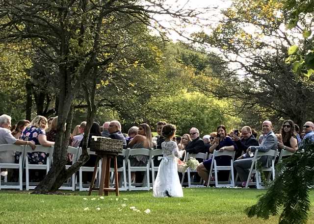 outdoor ceremony in woods and indoor reception