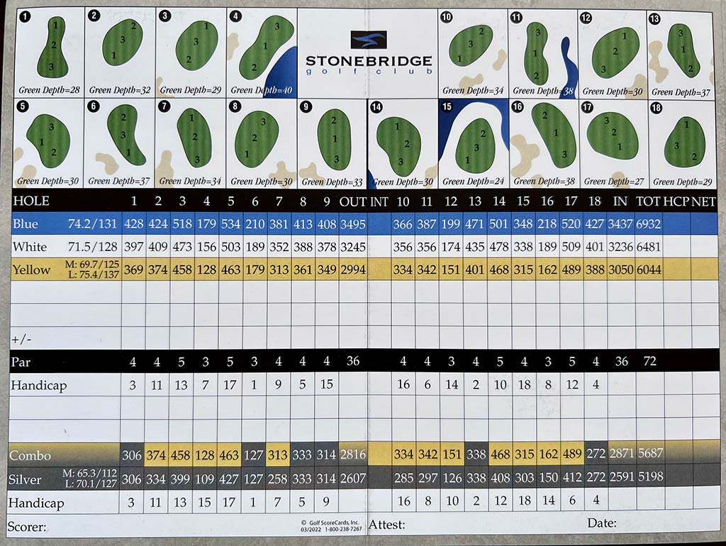 Scorecard for Stonebridge golf course in Ann Arbor